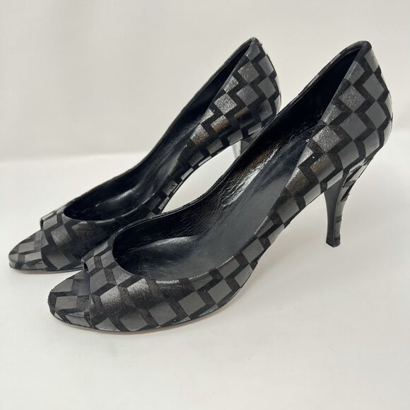 Pierre Hardy Black Silver Suede Geometric Print Open Toe Pumps Size 10 - Picture 6 of 8